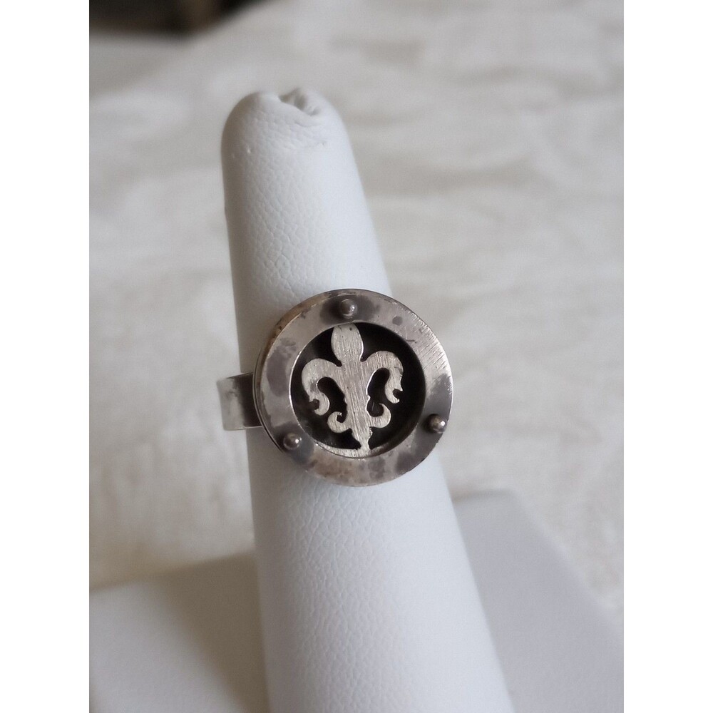 Rare Niki Sterling Silver Fluer De Lis  Riveted Disc Vintage Sz 6 Heavy Ring